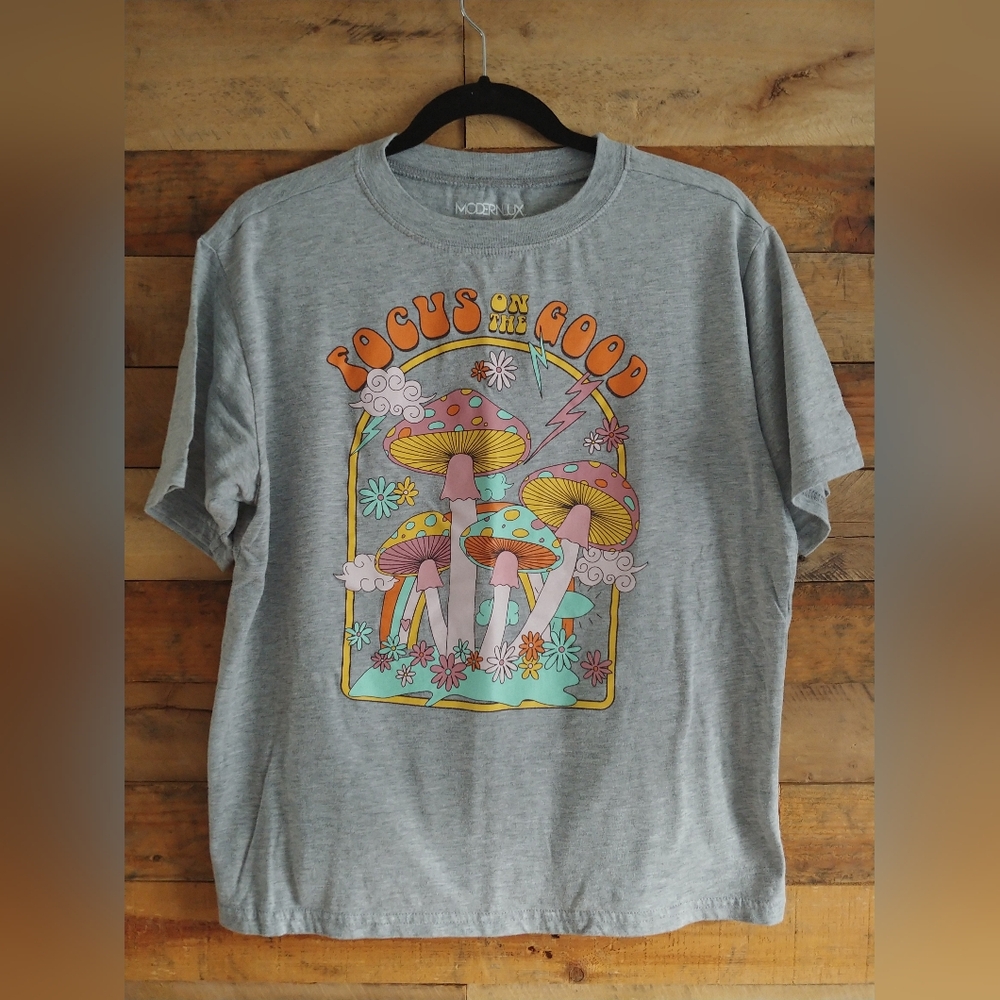 Modern Lux Gray Mushroom T-shirt with Vibrant Dopamine Graphic Positive Message